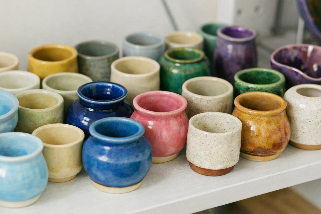 Glasierte Keramik Gefäße mit verschiedenen Steinzeugglasuren